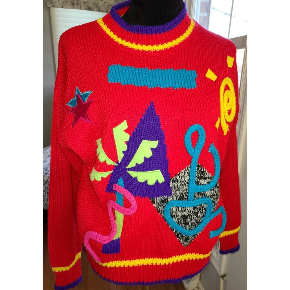 Adrian Spencer Vtg Abstract 80s Women's Red Sweater Large artsy RETRO Aplique 3D